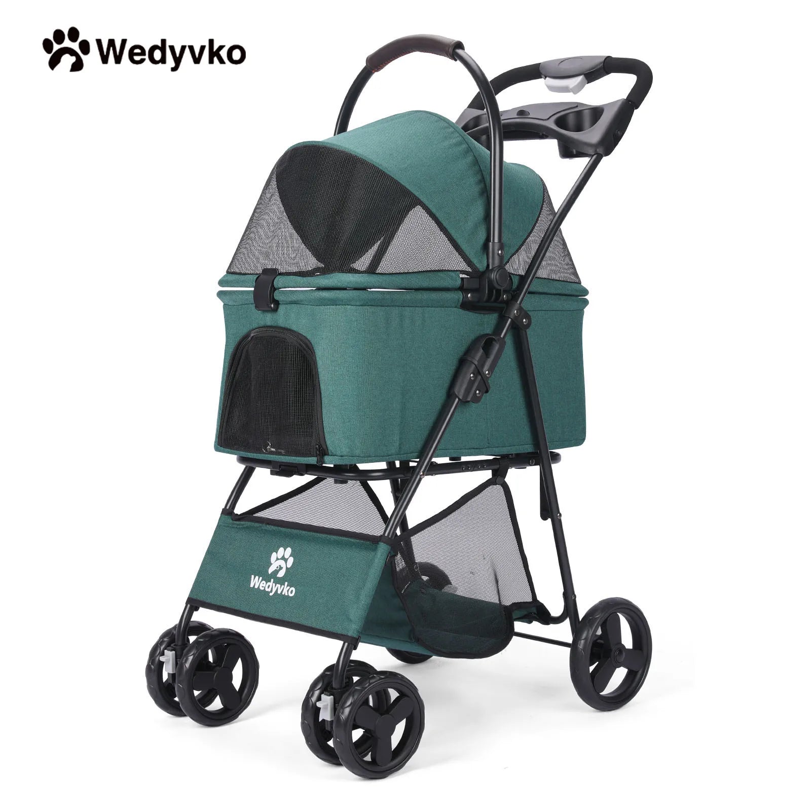 Luxury Detachable Four-wheeled Pet Stroller, Cup Holder Design, Travel Carrying Bag