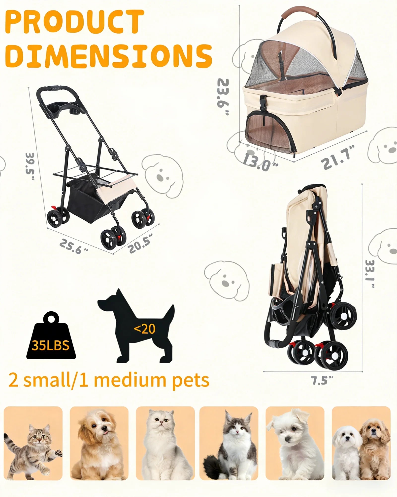 2-in-1Pet Foldable Lightweight Stroller for Small Dogs Cats