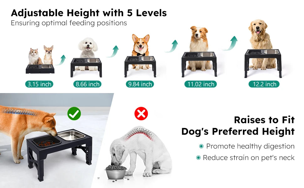 2-in-1 Elevated Adjustable Dog  Bowls, Non-Slip Stainless Steel/Plastic