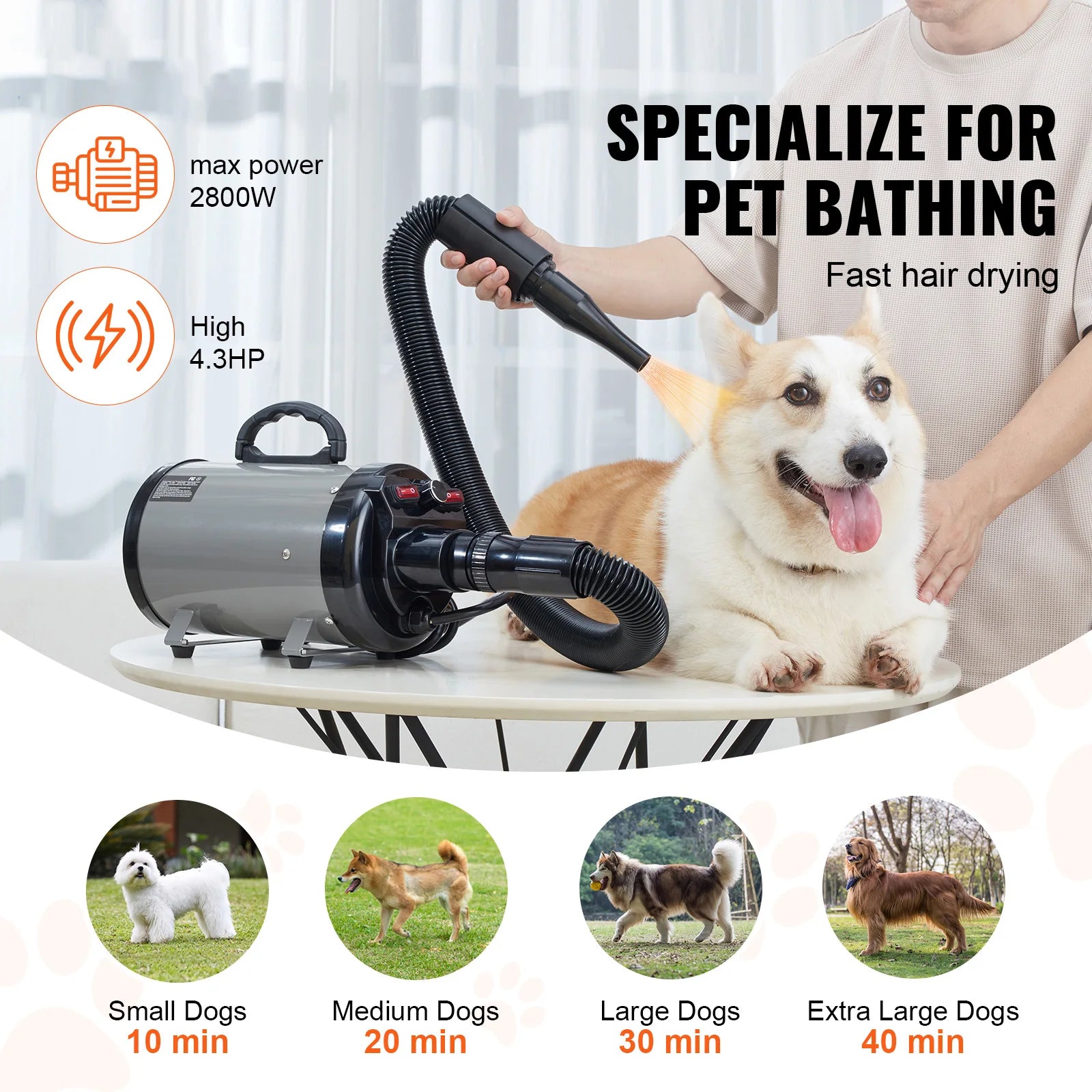 2000W/2.7HP  Adjustable Speed Dog Blow Dryer with 4 Nozzle and Extendable Hose