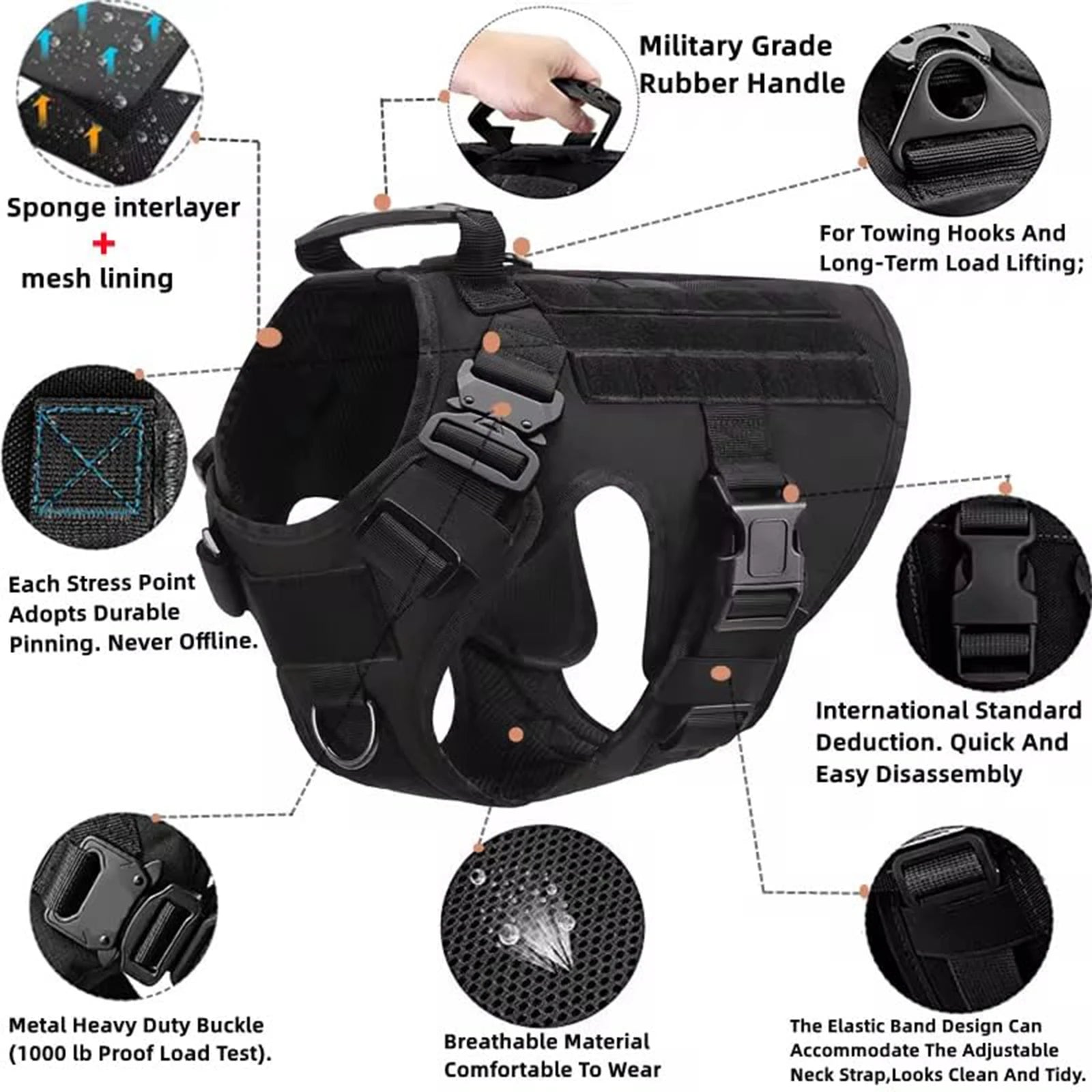 Tactical Dog Harness, Collar, Leash, Molle Pouches
