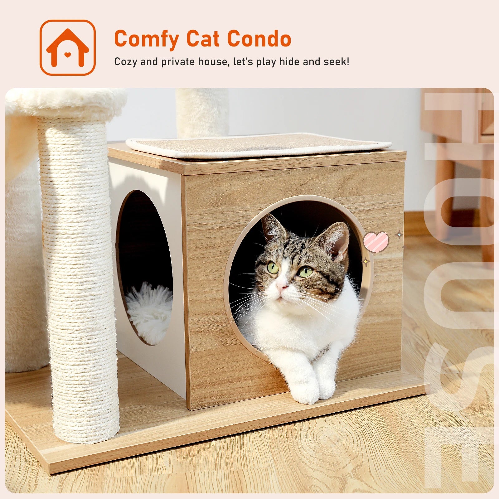 Multi-Level Wood Cat Tower with Hammock, Sisal Scratching Posts