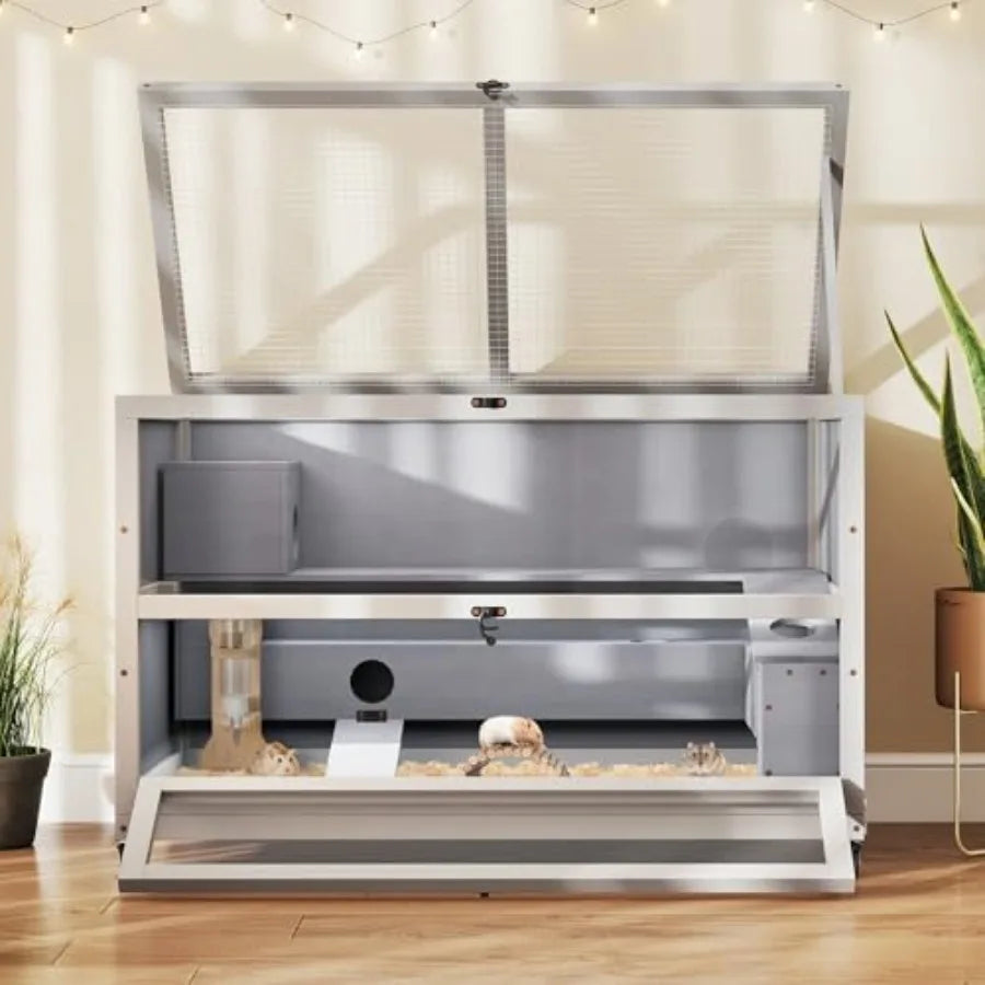3 Tier Wooden Hamster Cage 35.4'' with Removable Ramps and Tray Small Animals Hutch with Wheels and 2 Openable Doors Critter Nat