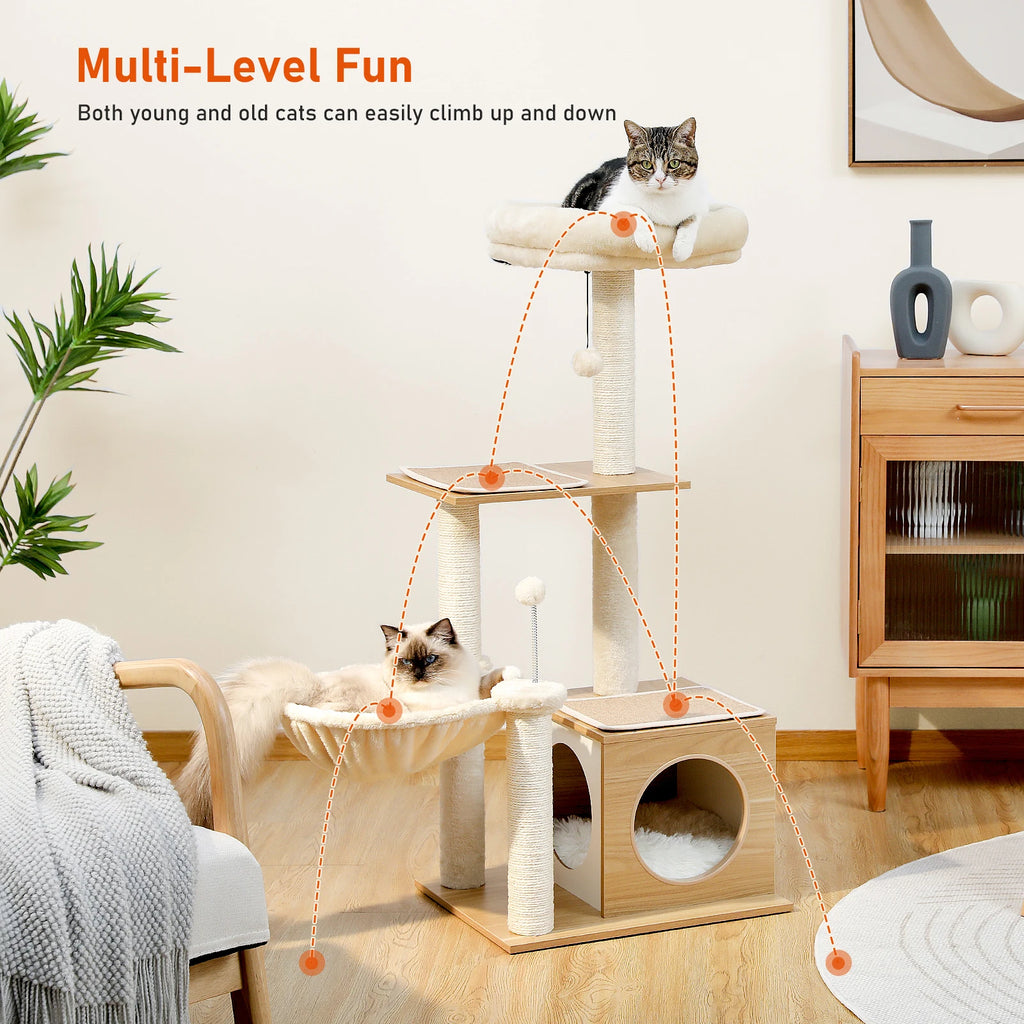 Multi-Level Wood Cat Tower with Hammock, Sisal Scratching Posts