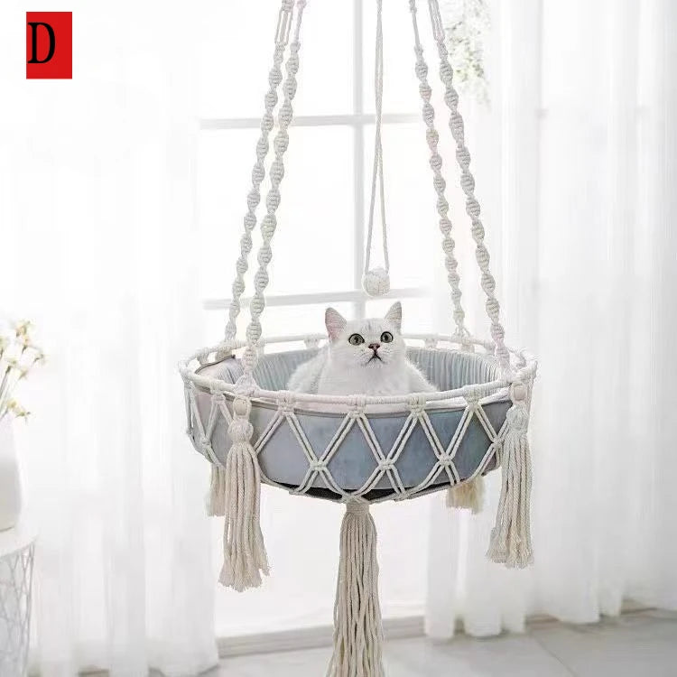 Hanging Hand‑woven Hammock Swing Cat Bed Boho  Pet Swing Nest Tassel Cat Sleeping Bed for Indoor Wall Ceiling Mount
