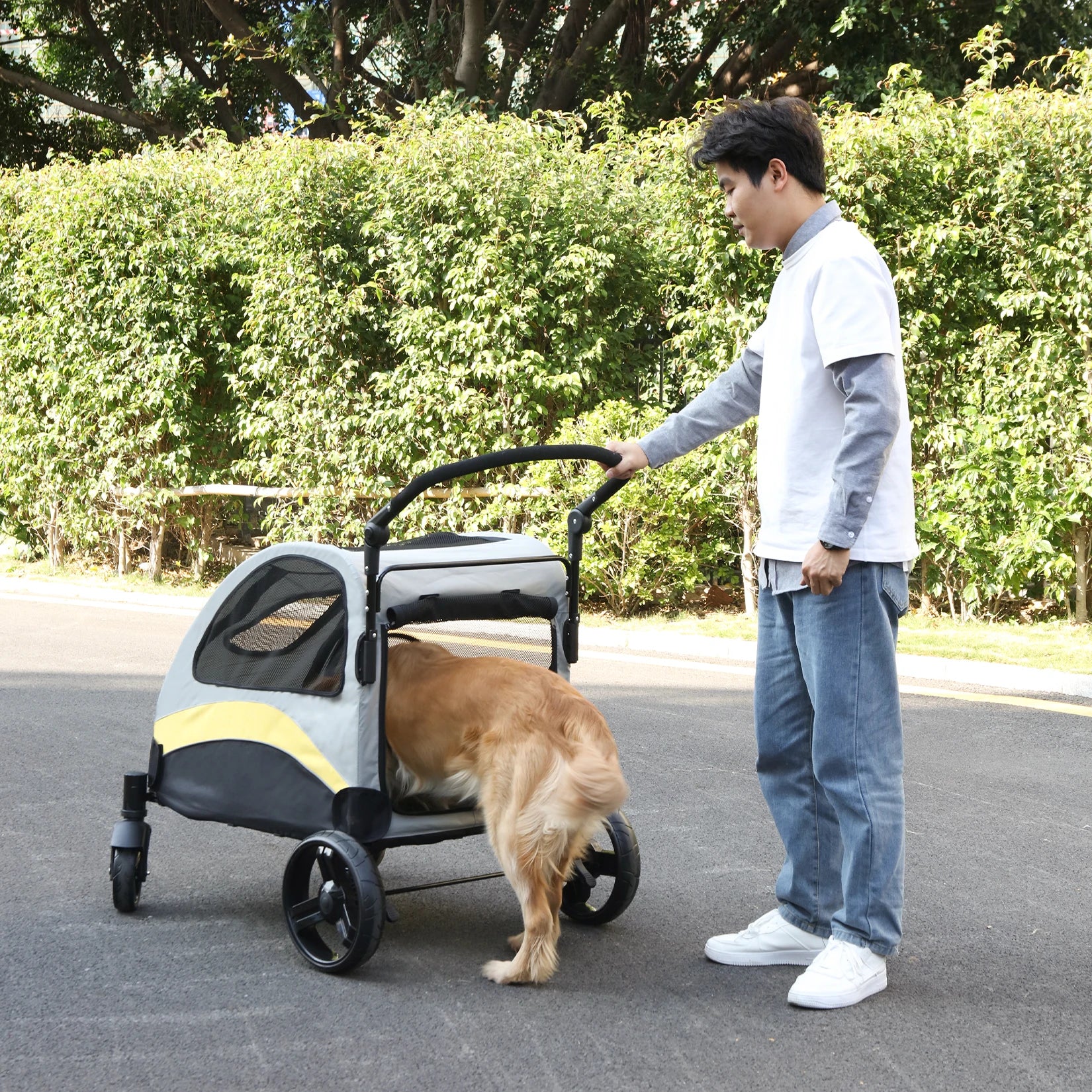 Portable 4 Wheel Dog Stroller for Large Dogs Foldable Pet Cat Travel Carriage Stroller Breathable Carrier for Outside Play