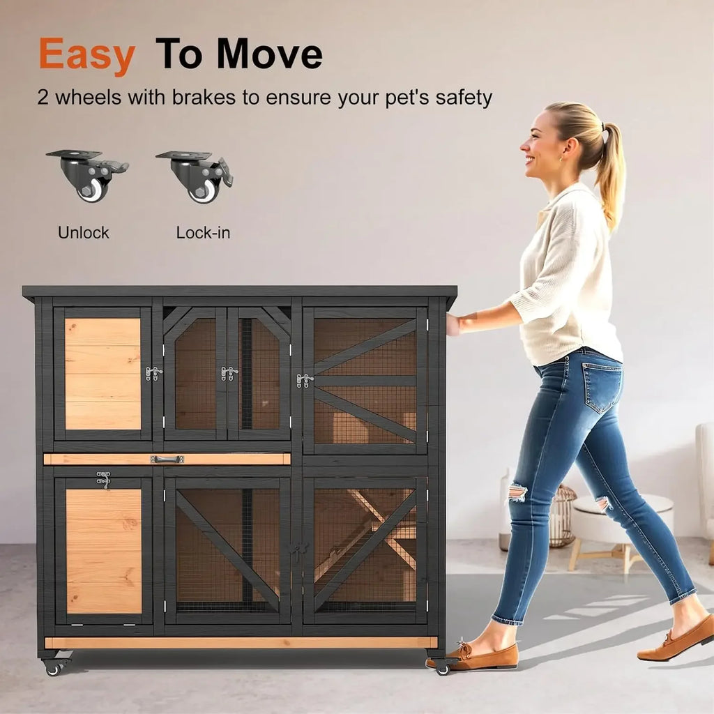 Bestseller Wooden Rabbit Hutch for Small Animals with Wheels, Removable Trays, and Bottom Wire Mesh