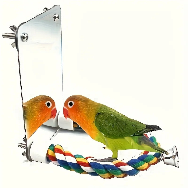 Interactive bird mirror toy with chewable rope habitat