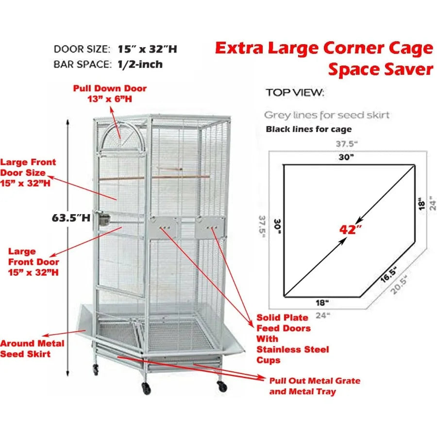 64' Extra Large Corner Wrought Iron Rolling Bird Cage with Side Solid Metal Plate