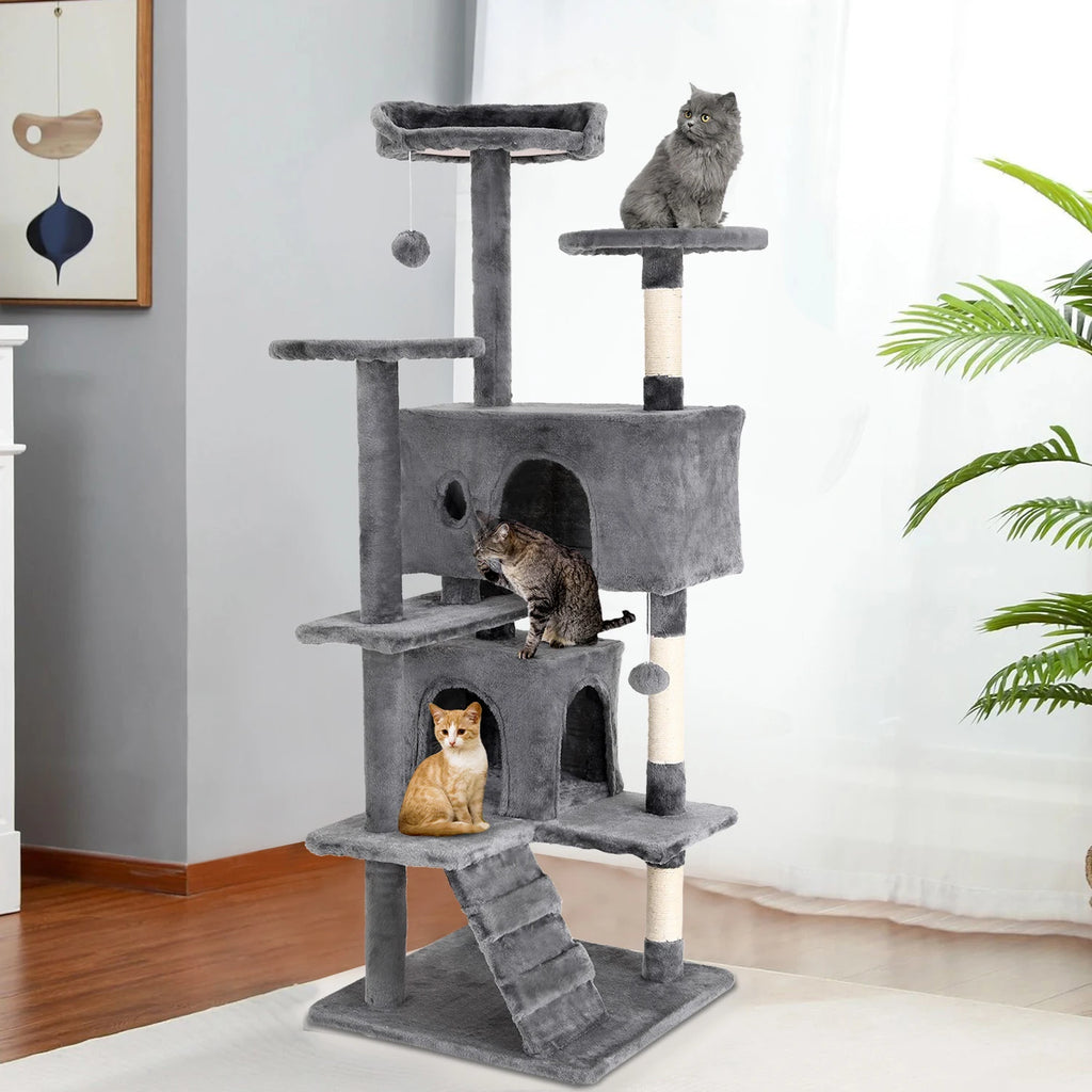 Cat Tree 54/70 Inch Tower with Sisal-Covered Scratching Posts, Dangling Ball
