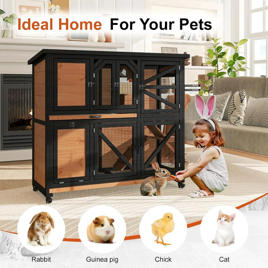 Bestseller Wooden Rabbit Hutch for Small Animals with Wheels, Removable Trays, and Bottom Wire Mesh