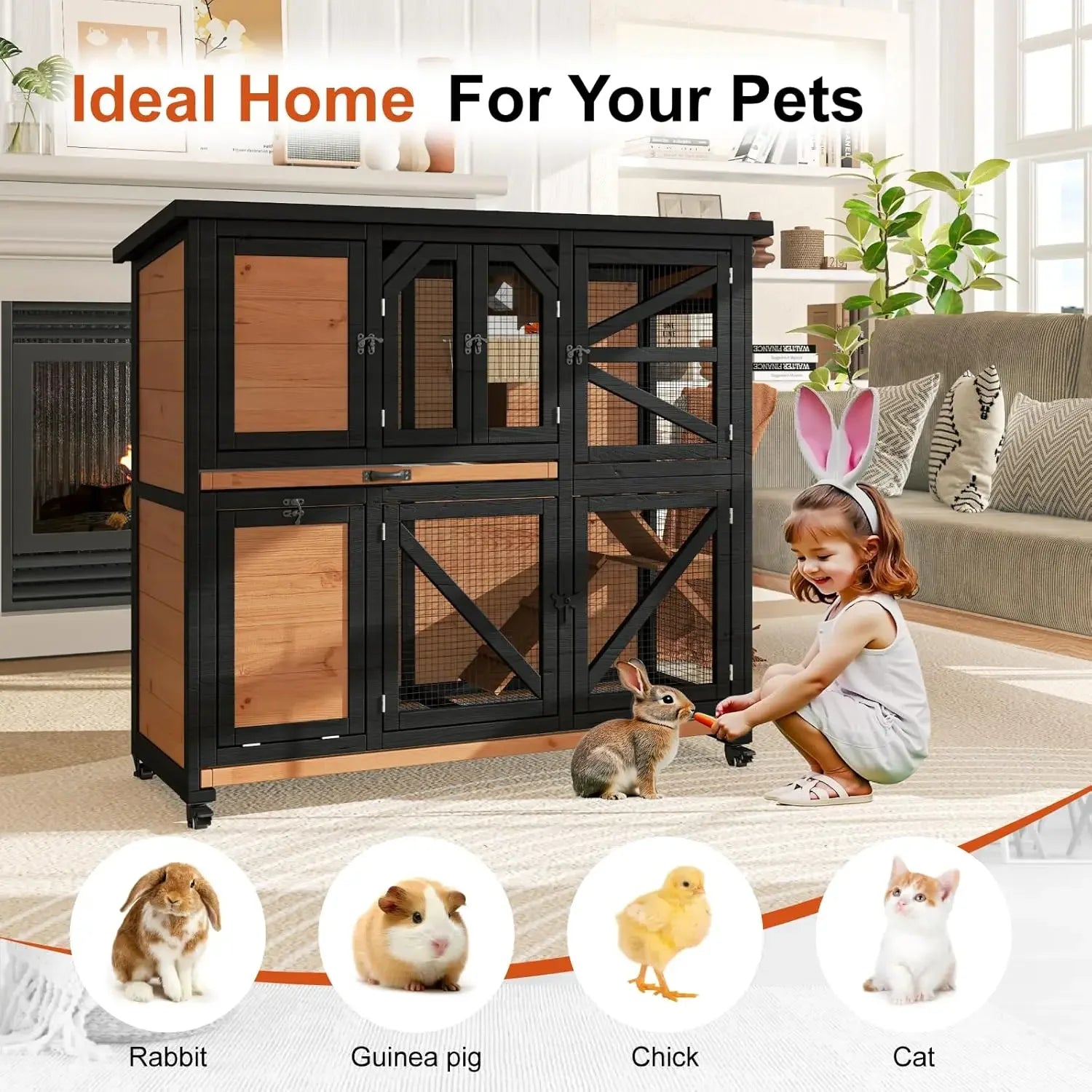 Bestseller Wooden Rabbit Hutch for Small Animals with Wheels, Removable Trays, and Bottom Wire Mesh