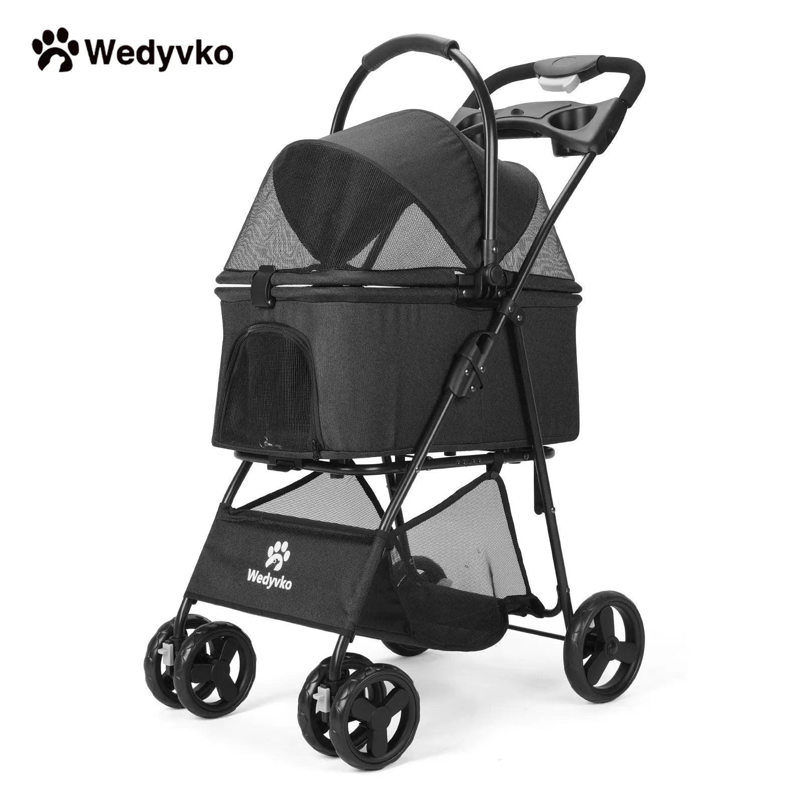 Luxury Detachable Four-wheeled Pet Stroller, Cup Holder Design, Travel Carrying Bag