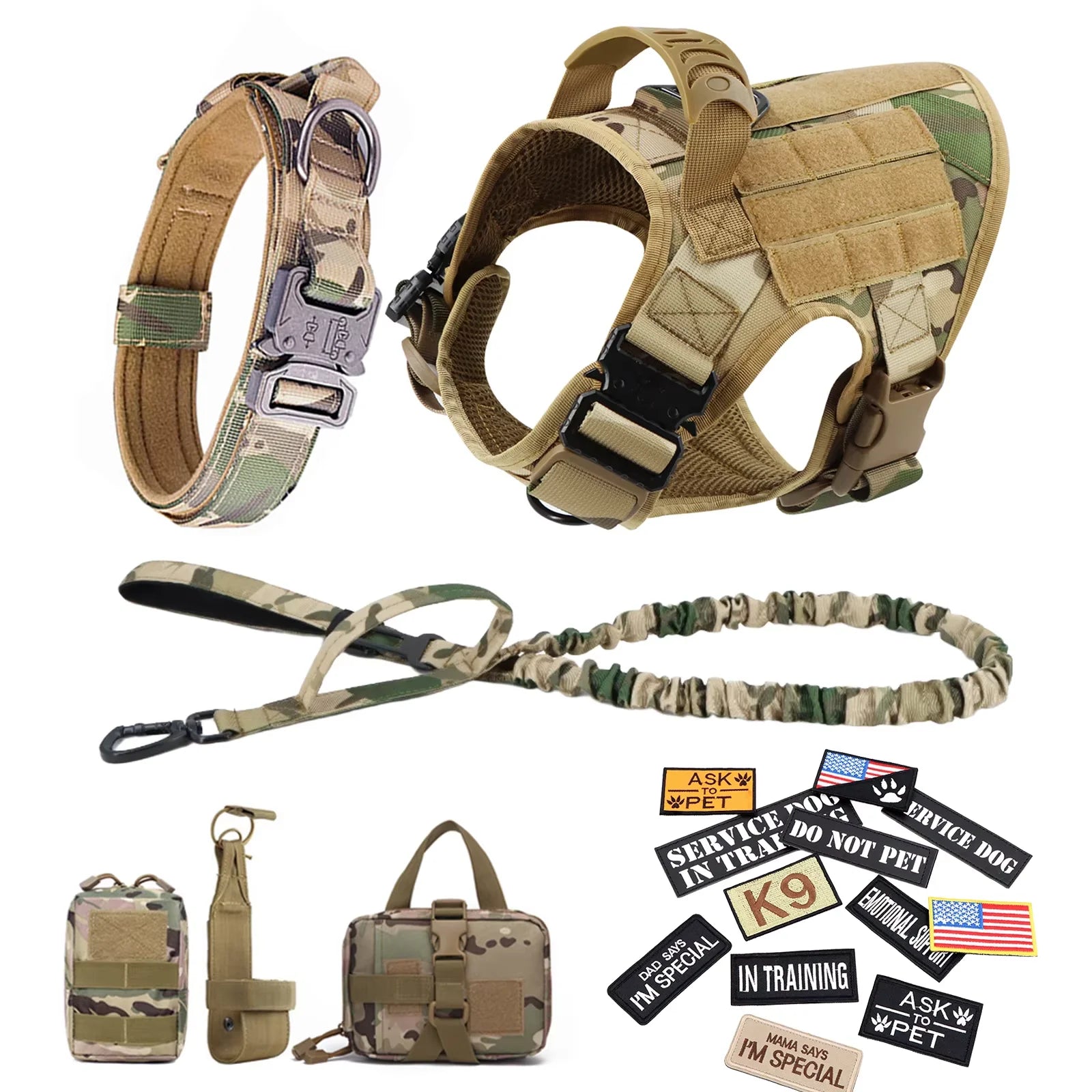 Large M Tactical Military-Like Dog Harness, Collar, Leash, Bags, Patches Set