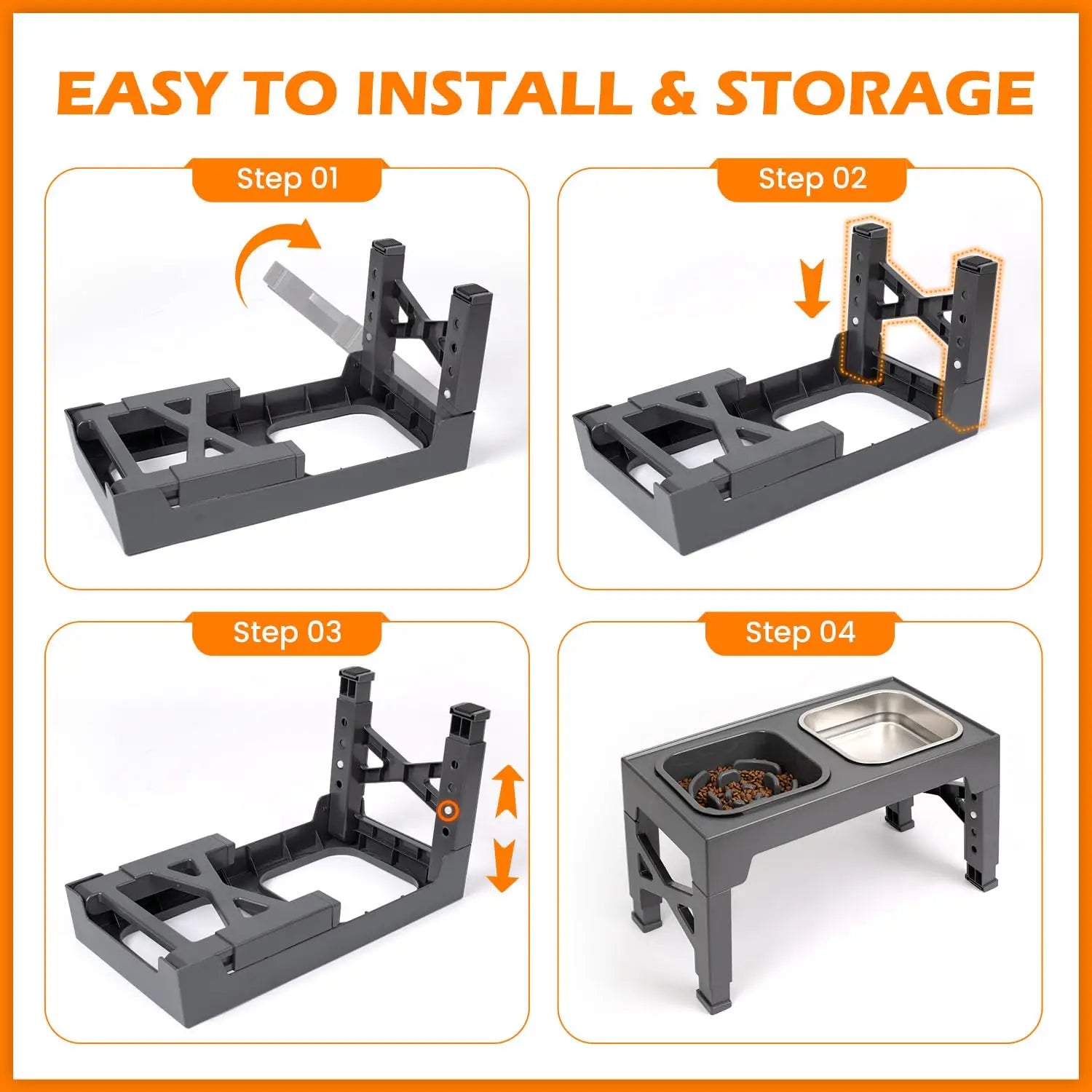 2-in-1 Elevated Adjustable Dog  Bowls, Non-Slip Stainless Steel/Plastic