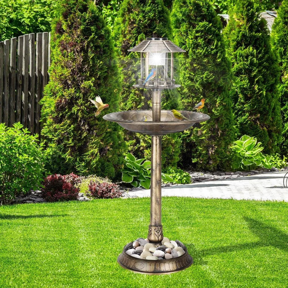 42" H Plastic Round Bird Bath with Solar Light & Sturdy
