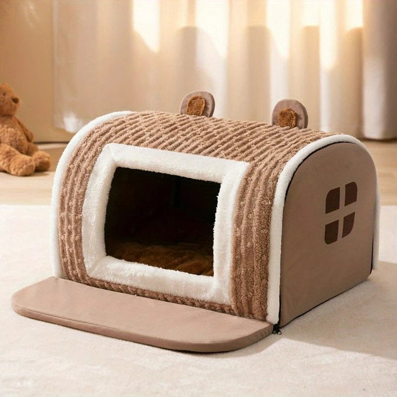 Bear-Shaped Plush Pet Bed with Non-Slip Bottom