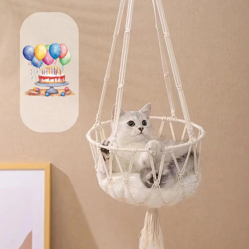 Hanging Hand‑woven Hammock Swing Cat Bed Boho  Pet Swing Nest Tassel Cat Sleeping Bed for Indoor Wall Ceiling Mount