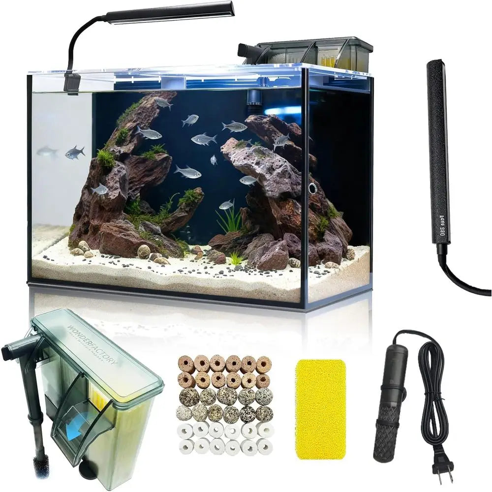 10 Gallon Aquarium Set Glass Fish Tank, with Heater, Water Pump, Cleaning System, Filter with Media Bright Light