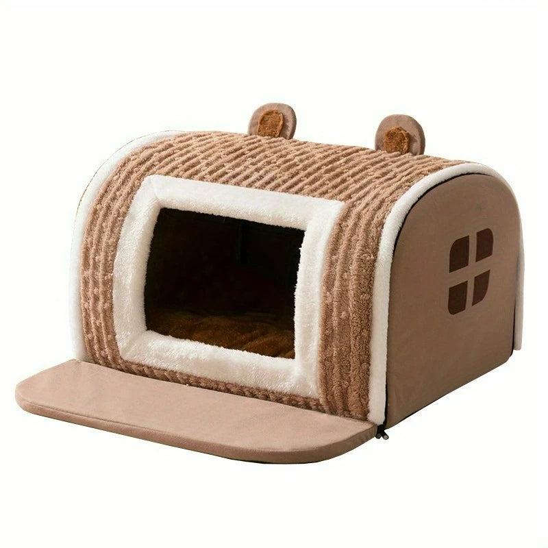 Bear-Shaped Plush Pet Bed with Non-Slip Bottom
