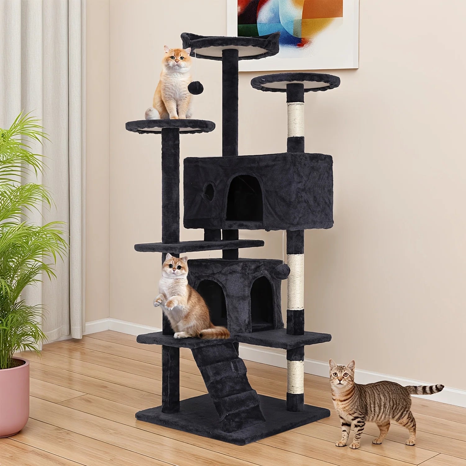 Cat Tree 54/70 Inch Tower with Sisal-Covered Scratching Posts, Dangling Ball