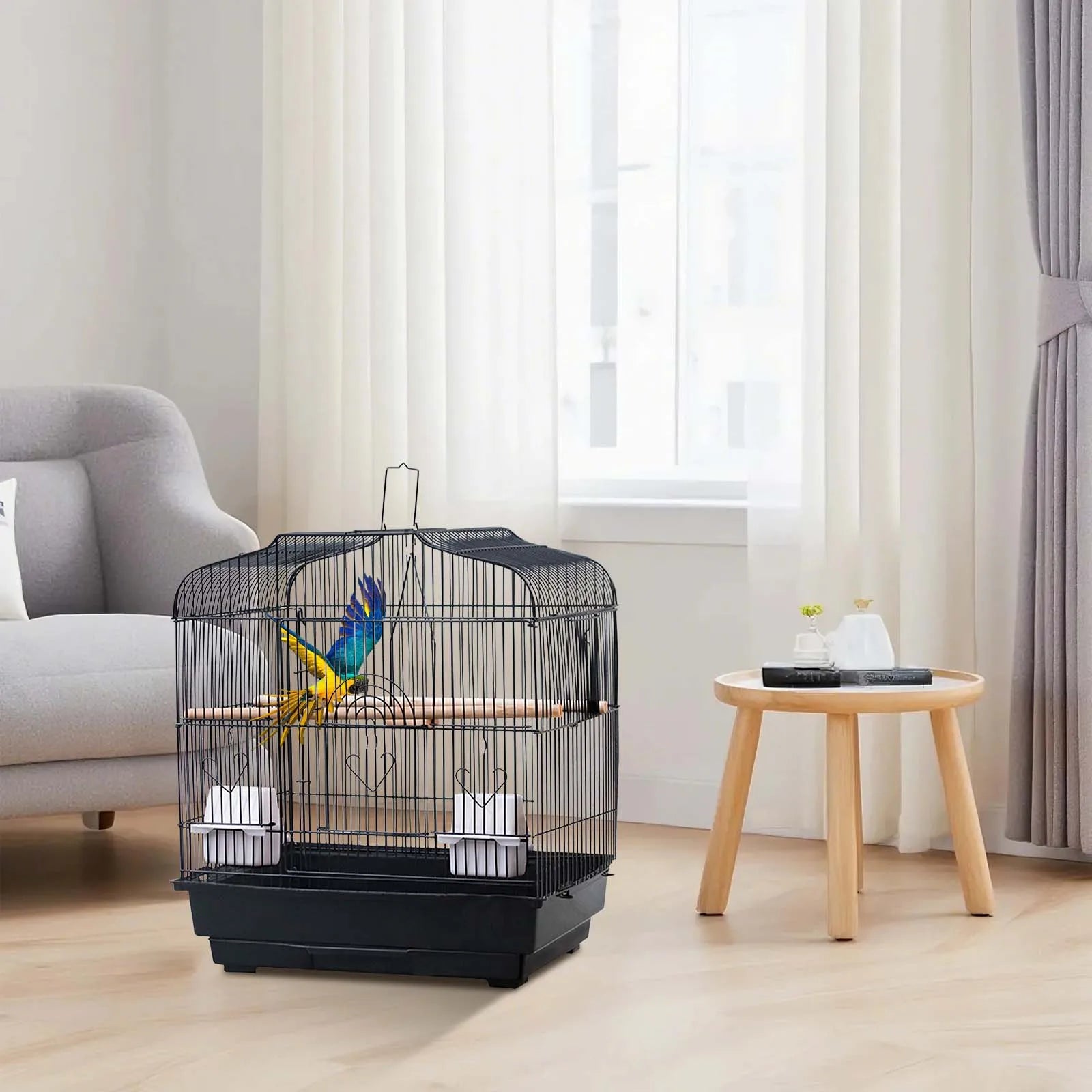 Small Bird Travel Carrier Cage With Handl,e Standing Pole, Food Container ,Swing