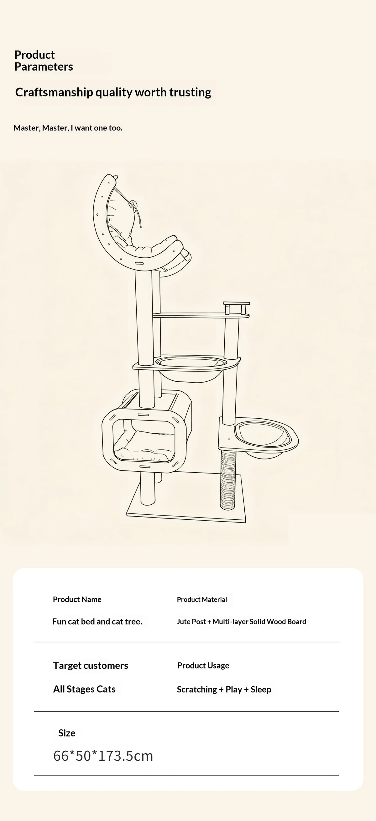 Large Compact Solid Wood Cat Tree