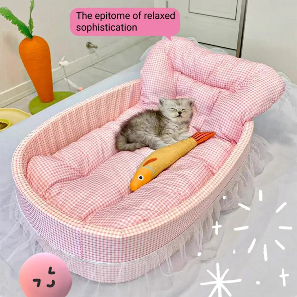 Cute Lace-Trimmed Pet Princess Sofa Bed  Washable and Removable Soft Plush Oval for Small Dogs/Cats