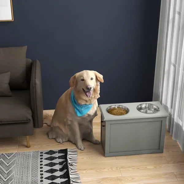 Raised Dog Feeding Station with 2 StainlSteel Bowls and Storage for Large Dogs and Other Large Pets Gray