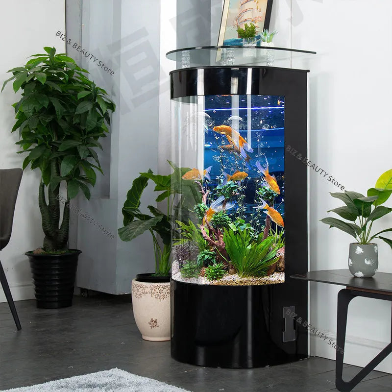 Large Semi-Circular Self-Cleaning Floor-Standing Fish Tank with Bottom Filter
