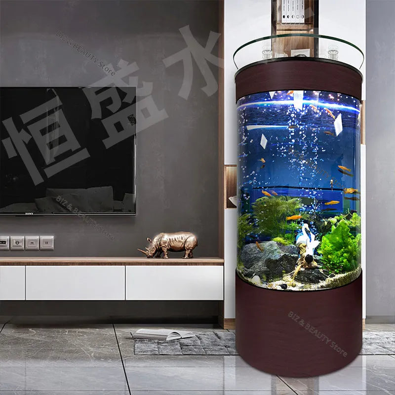 Large Semi-Circular Self-Cleaning Floor-Standing Fish Tank with Bottom Filter
