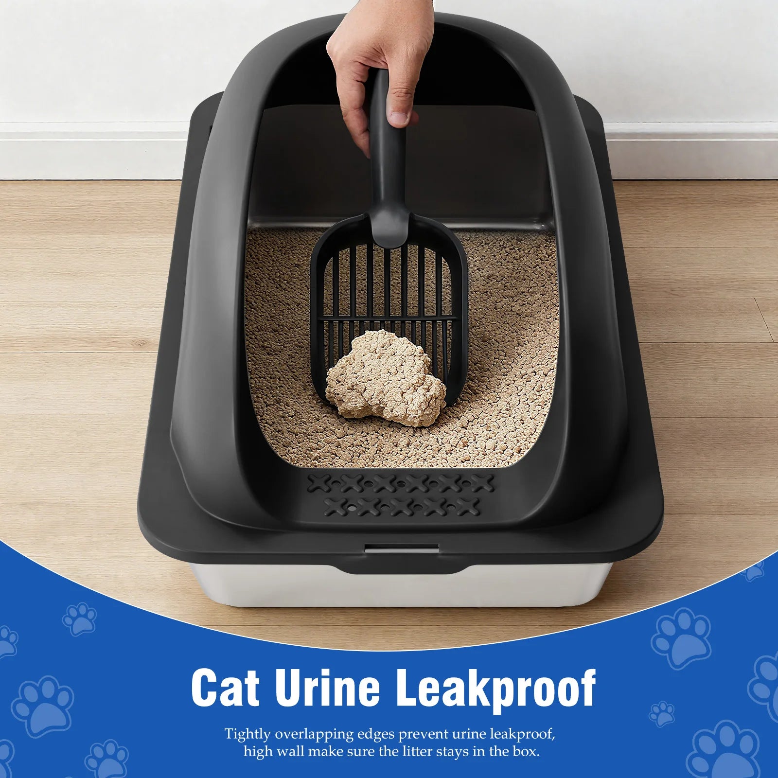 24IN Stainless Steel Cat Litter Box with Lid, Anti-Urine Leakage Scoop and Mat Included