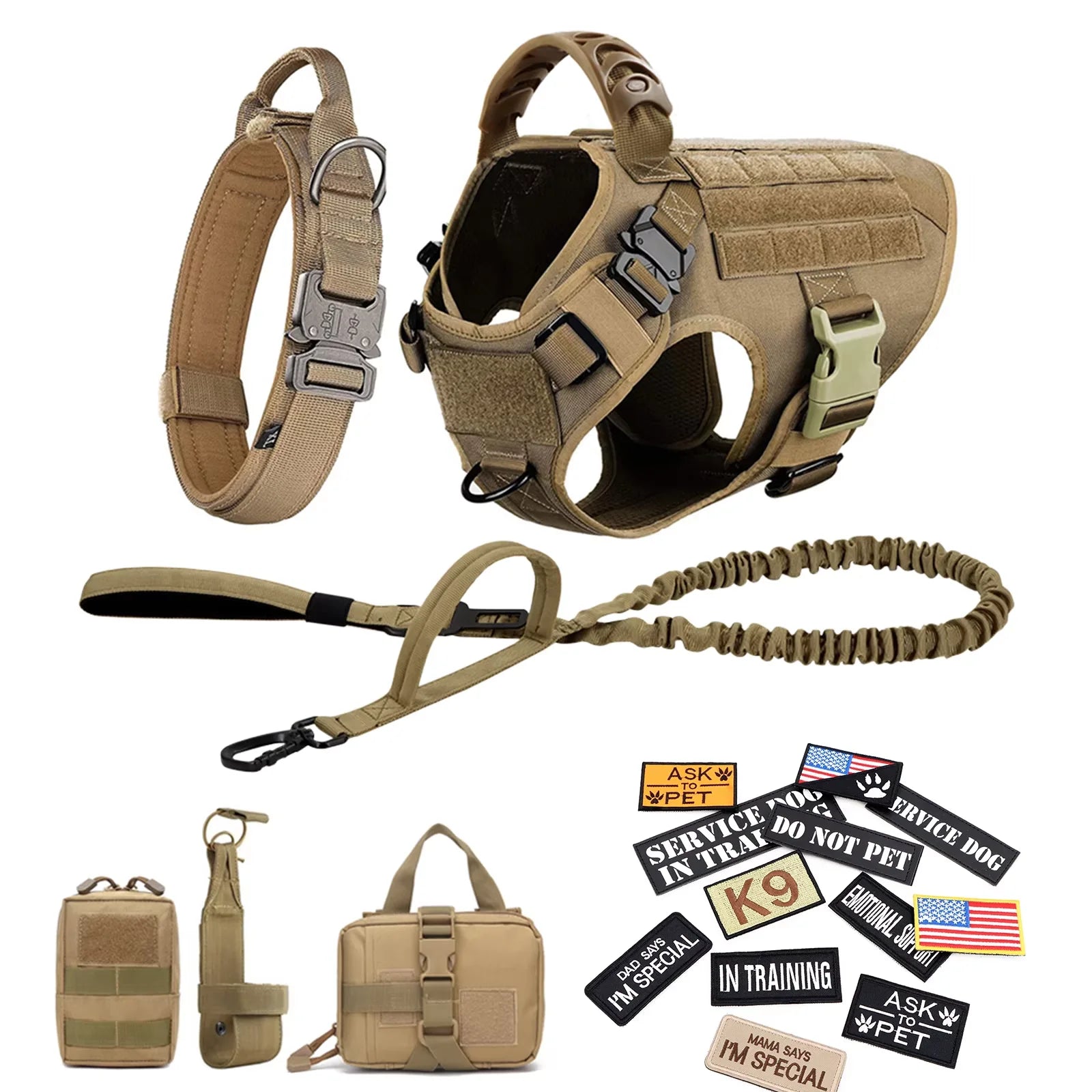 Large M Tactical Military-Like Dog Harness, Collar, Leash, Bags, Patches Set