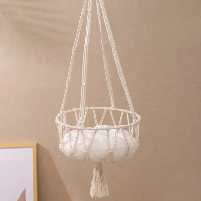 Hanging Hand‑woven Hammock Swing Cat Bed Boho  Pet Swing Nest Tassel Cat Sleeping Bed for Indoor Wall Ceiling Mount