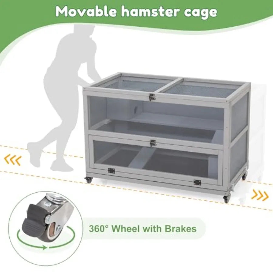 3 Tier Wooden Hamster Cage 35.4'' with Removable Ramps and Tray Small Animals Hutch with Wheels and 2 Openable Doors Critter Nat