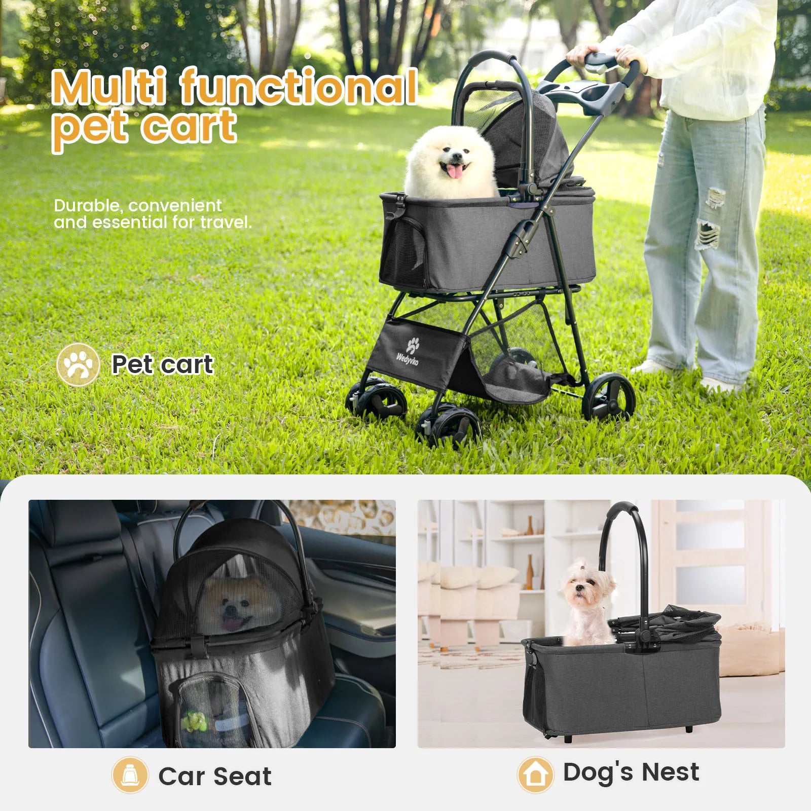Luxury Detachable Four-wheeled Pet Stroller, Cup Holder Design, Travel Carrying Bag