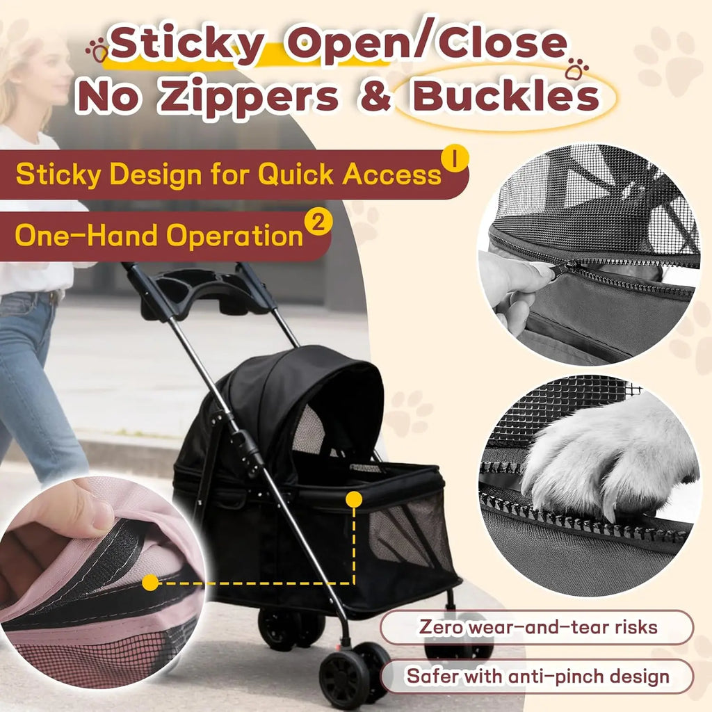 Foldable Pet Stroller Cat Small Dog Cart, Lightweight Folding Pet Stroller