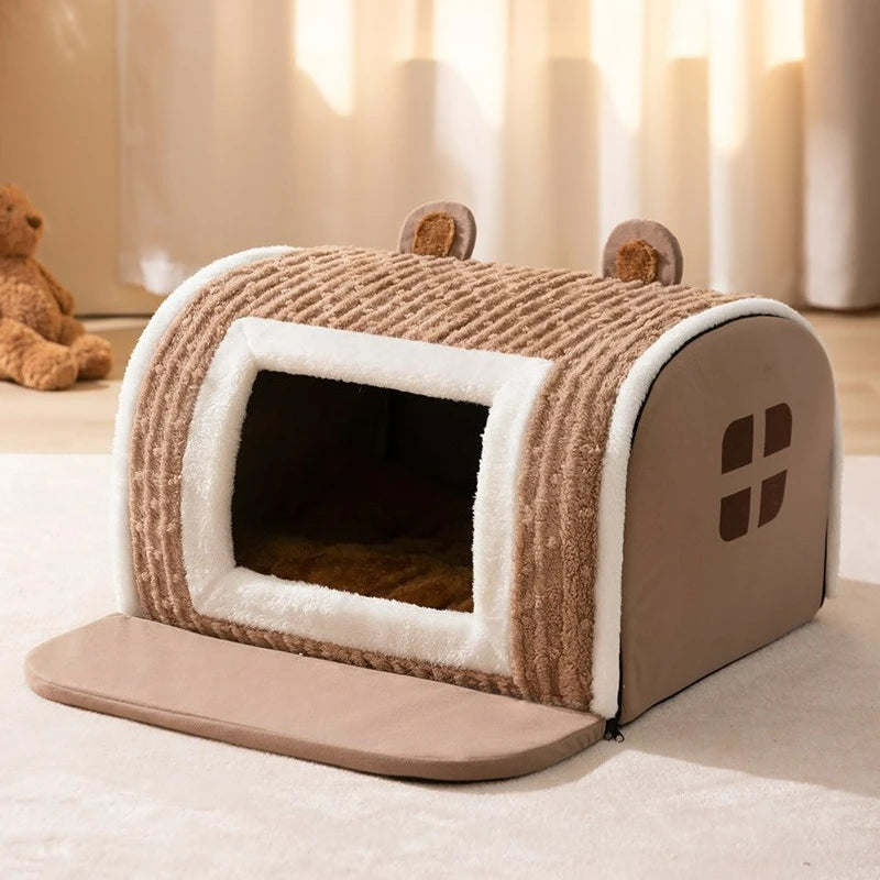 Bear-Shaped Plush Pet Bed with Non-Slip Bottom