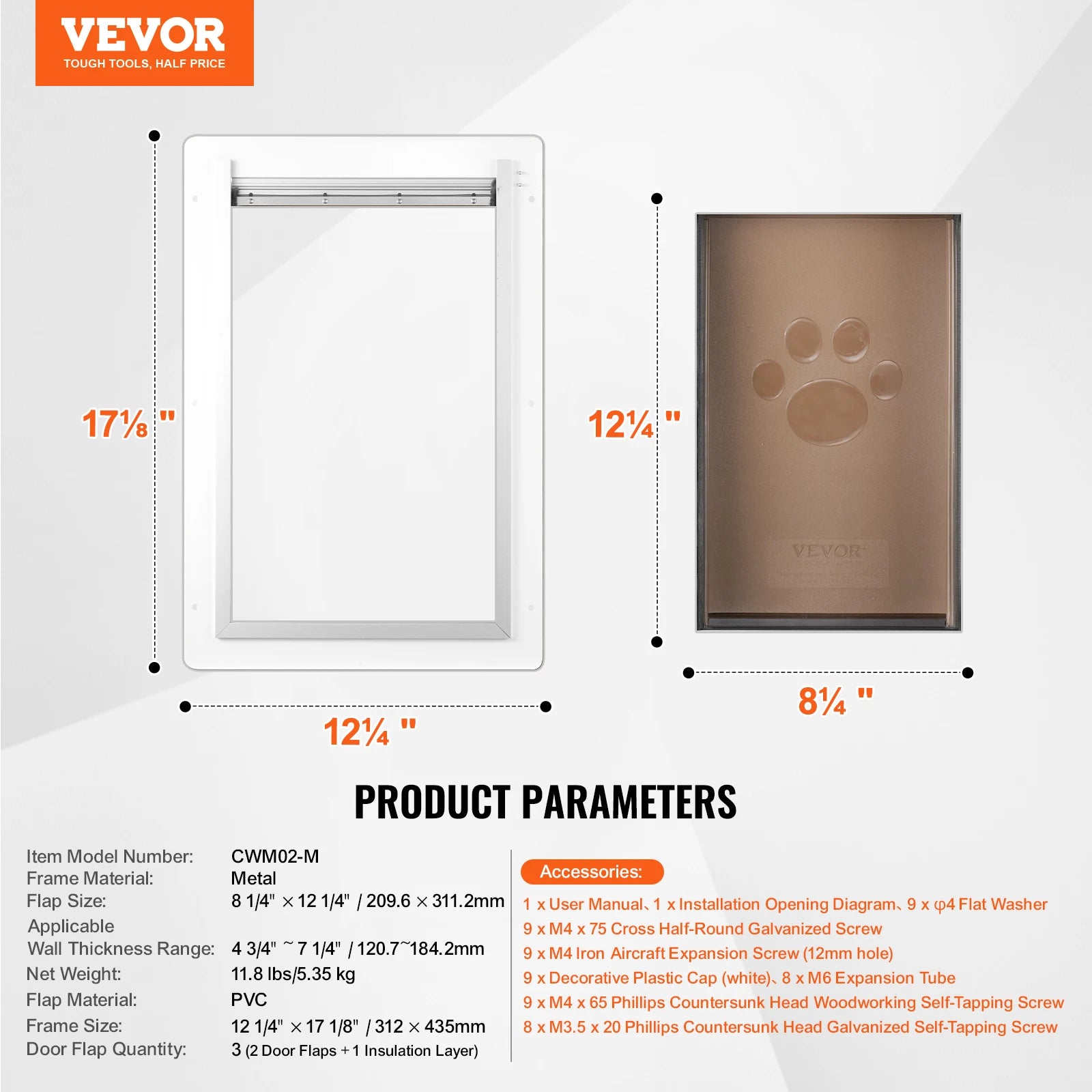 Pet Door Metal Frame with Lock and 3-Flap System, Weatherproof, Easy to Install
