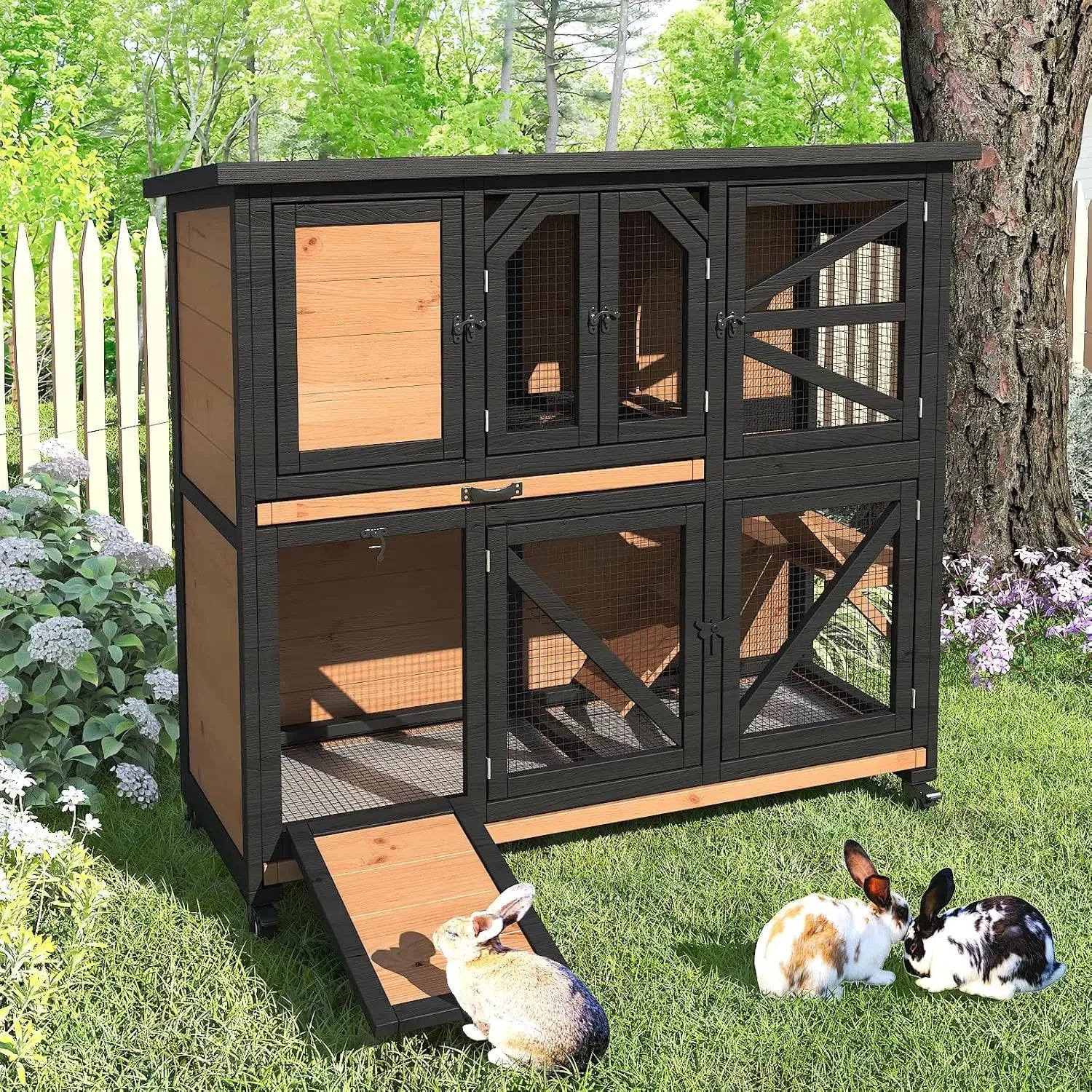 Bestseller Wooden Rabbit Hutch for Small Animals with Wheels, Removable Trays, and Bottom Wire Mesh
