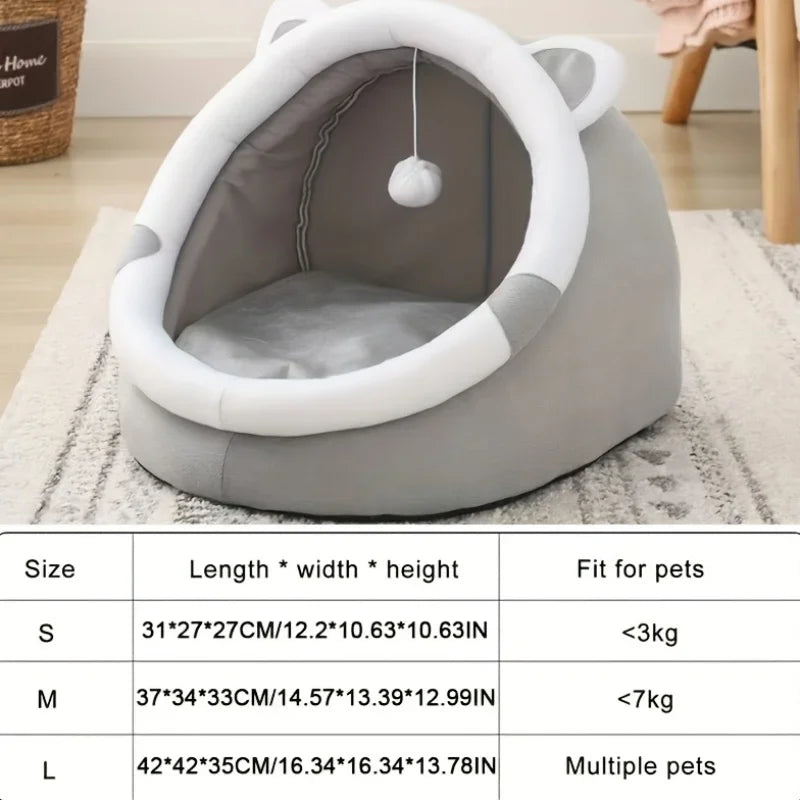 1 Comfortable Cartoon Cat House and Bed  with Removable Pad, Pompom