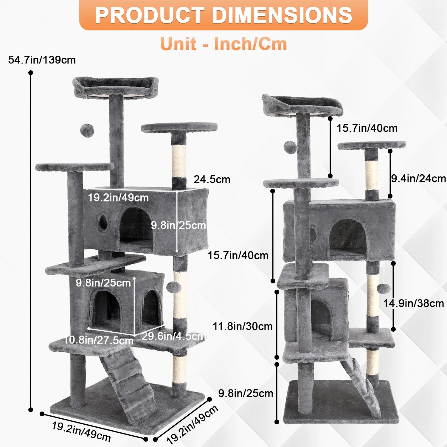 Cat Tree 54/70 Inch Tower with Sisal-Covered Scratching Posts, Dangling Ball