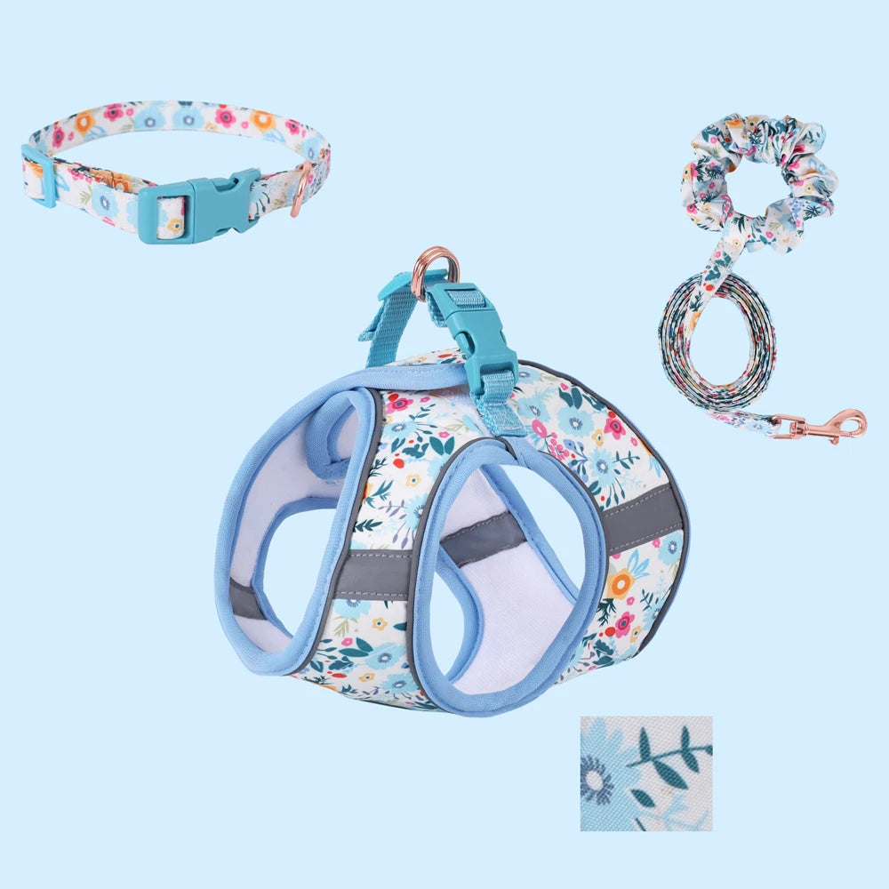 Breathable Reflective Pet Harness Leash Set with Adjustable Floral Chest Strap