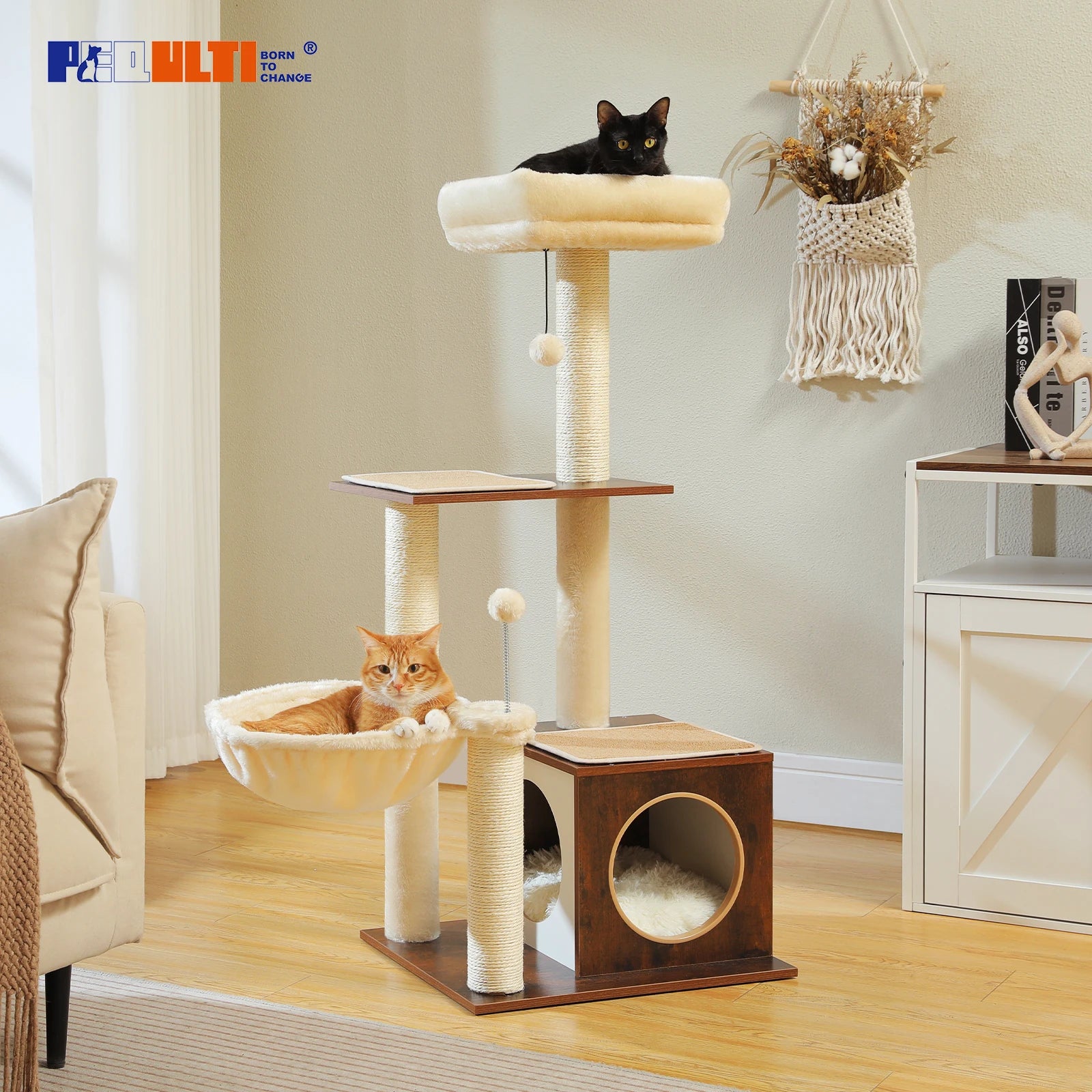 Multi-Level Wood Cat Tower with Hammock, Sisal Scratching Posts