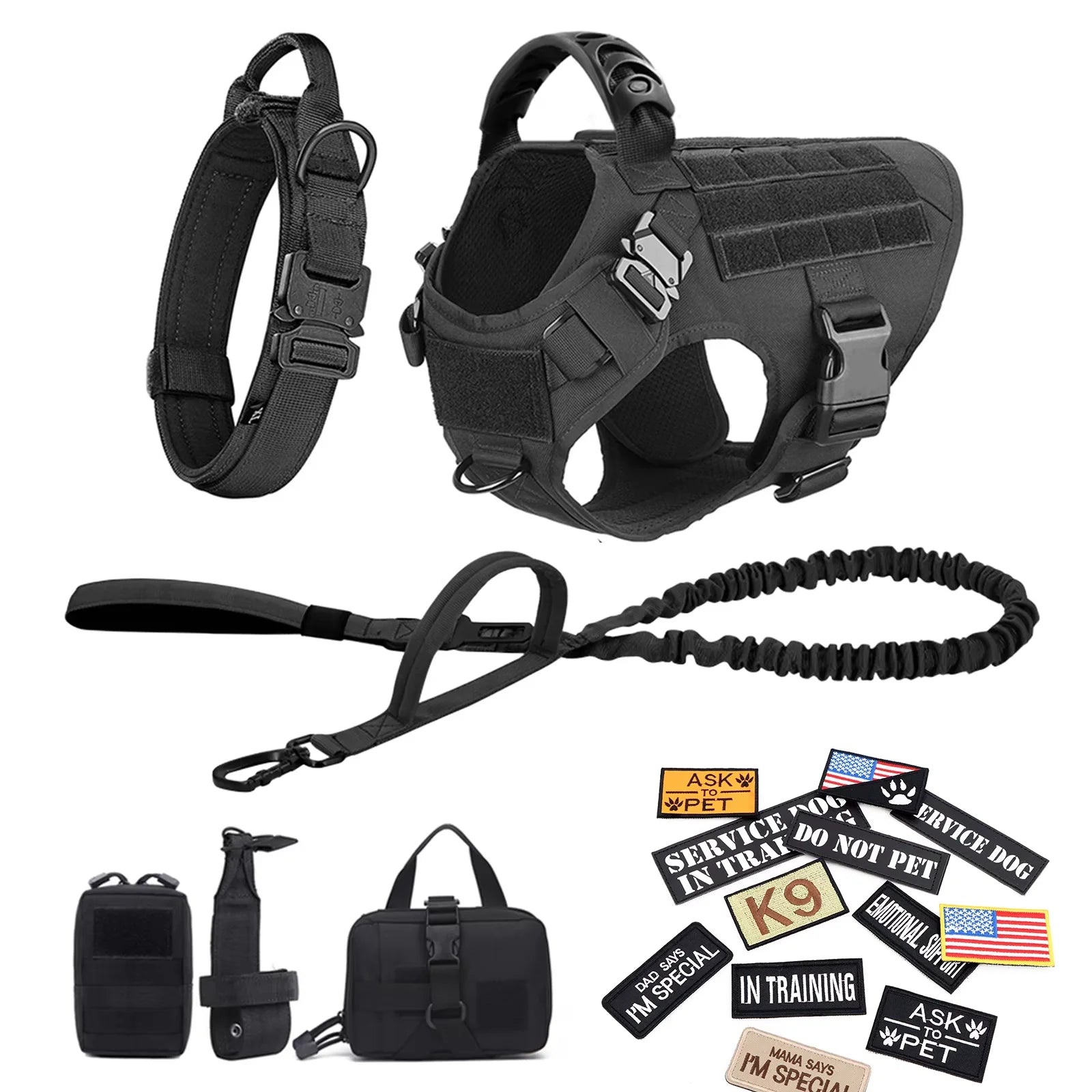 Large M Tactical Military-Like Dog Harness, Collar, Leash, Bags, Patches Set