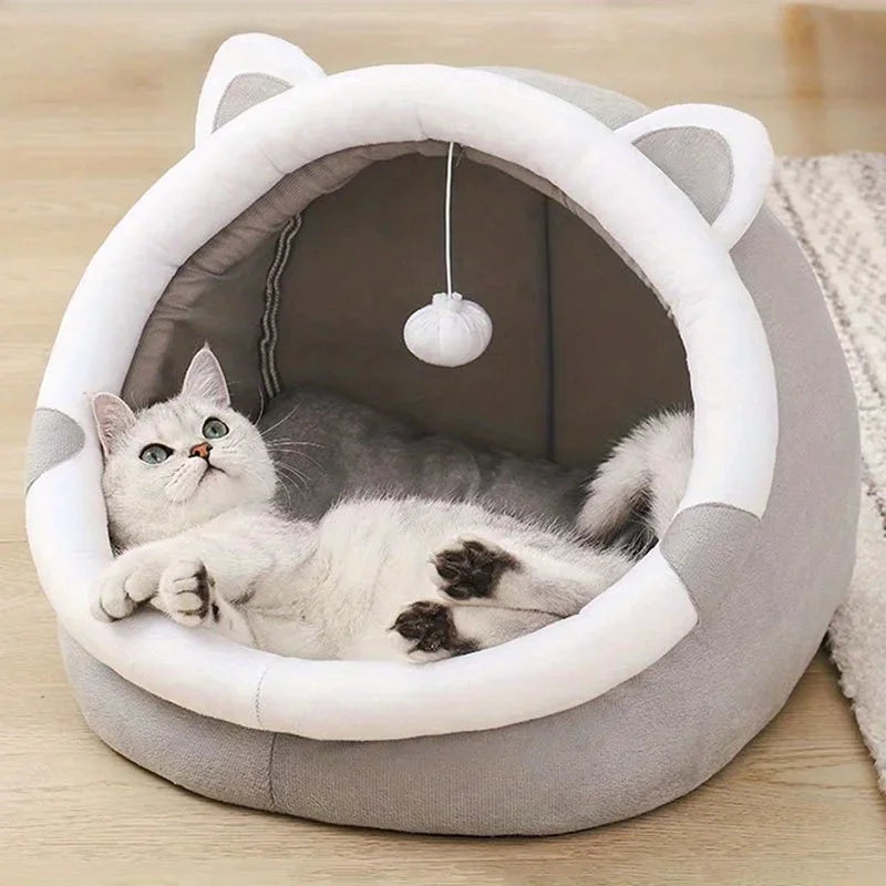 1 Comfortable Cartoon Cat House and Bed  with Removable Pad, Pompom