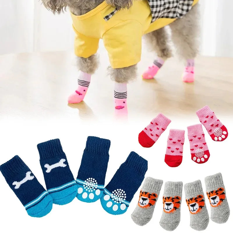 4Pcs Winter Dog Socks Anti Slip Warm Knit Paw Protector Booties
