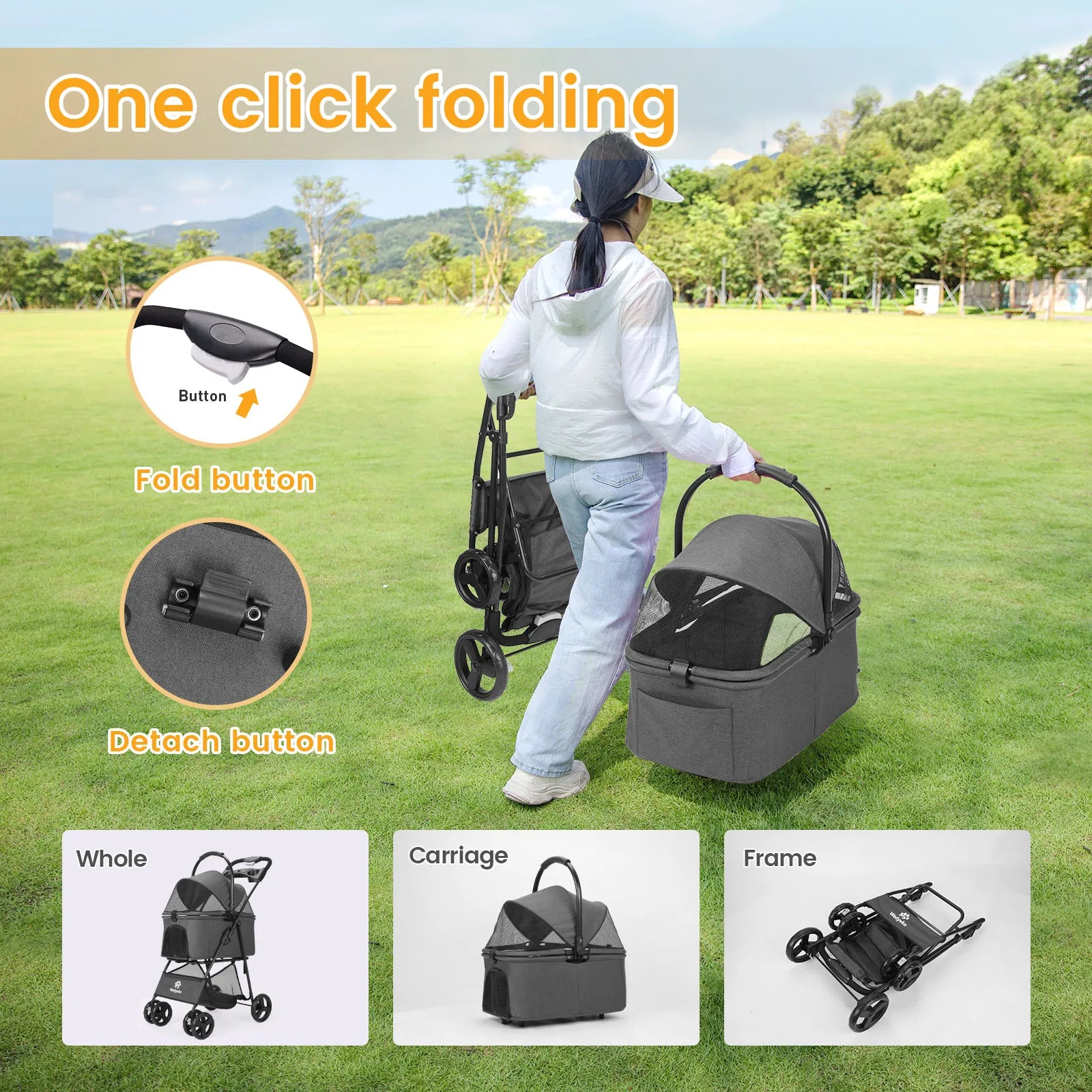 Luxury Detachable Four-wheeled Pet Stroller, Cup Holder Design, Travel Carrying Bag