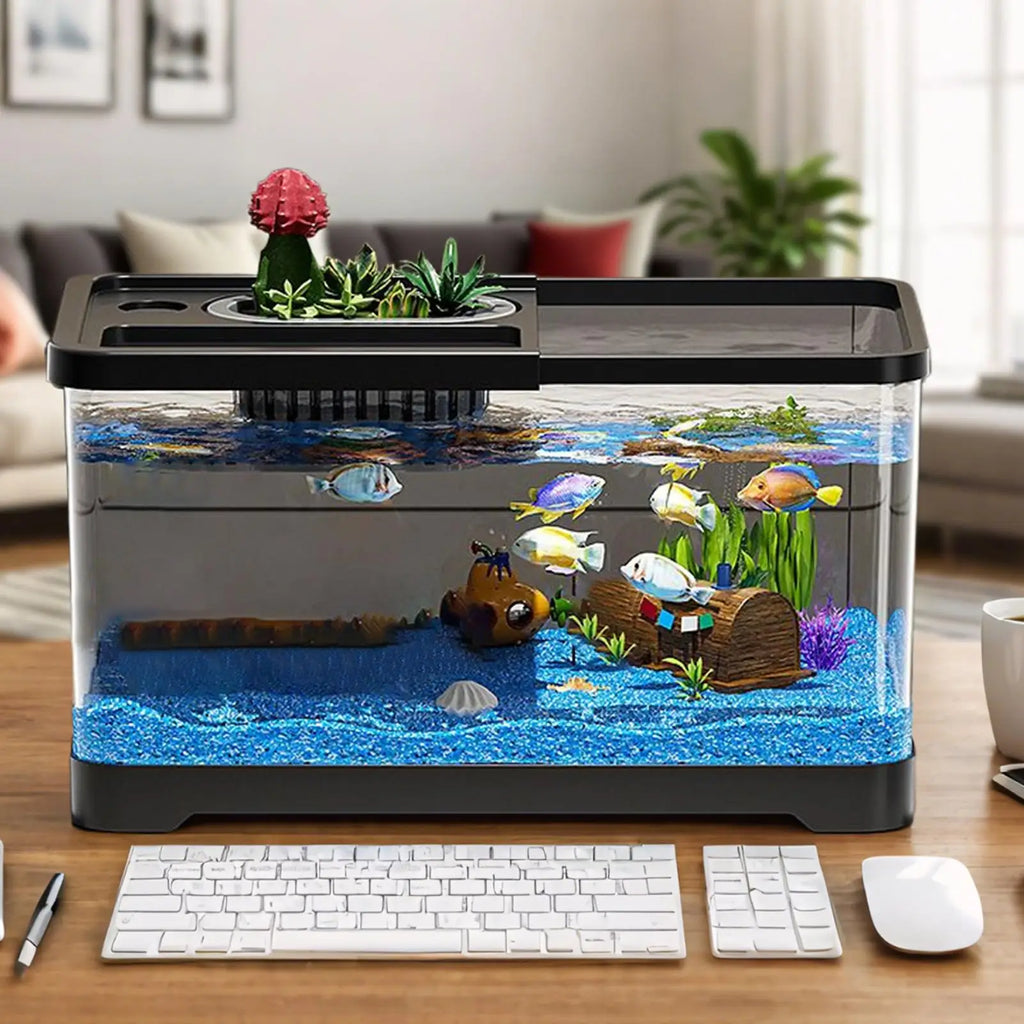 Small Aquarium Kit LED Fish Tank With Decoration Accessories Dust-proof Underwater Landscape Decoration for Desktop Living