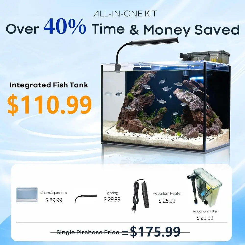 10 Gallon Aquarium Set Glass Fish Tank, with Heater, Water Pump, Cleaning System, Filter with Media Bright Light